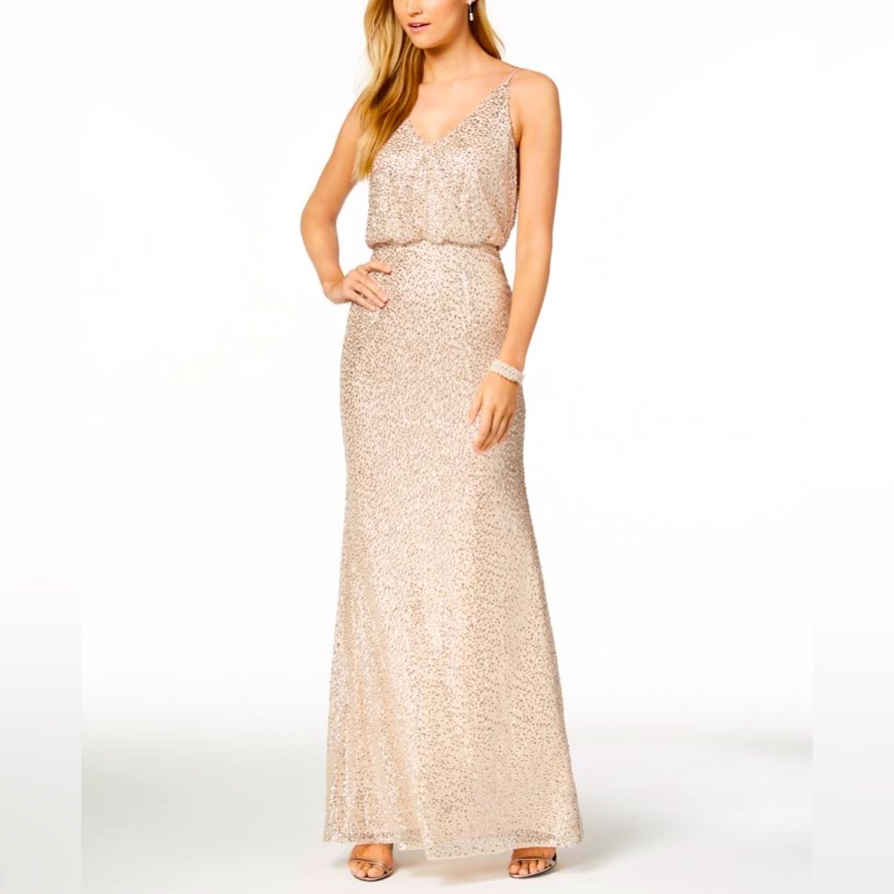 Adrianna Papell Blouson Gown – Sequins in Champagne Gold